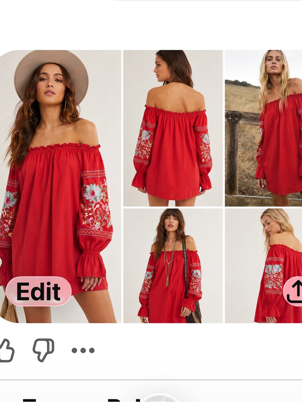 Free People Red Embroidered Off-Shoulder boho peasant Mini Dress. Xs